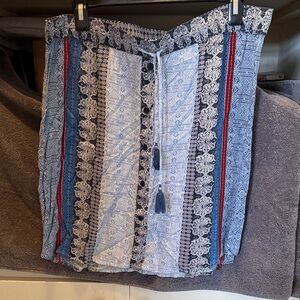 Tribal Blue and White Patterned Skirt with Red Accents